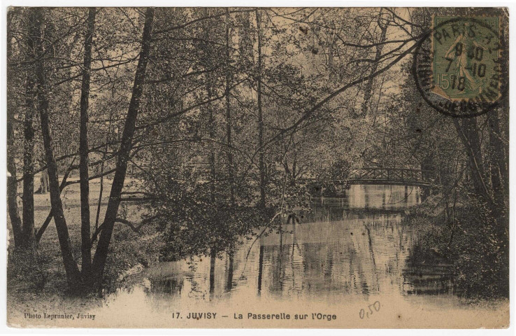 JUVISY-SUR-ORGE. - La passerelle sur l'Orge. Leprunier (1918), 6 mots, 15 c, ad. 
