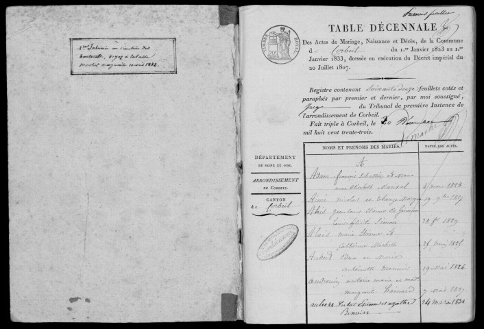 CORBEIL. Tables décennales (1823-1832). 