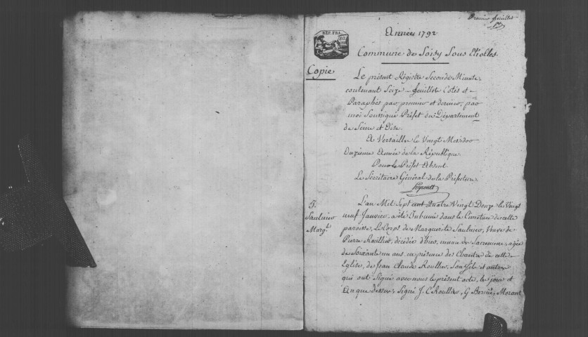 SOISY-SUR-SEINE. Naissances, mariages, décès : registre d'état civil (1792-an VII). [mariages (an VII), voir 4E637]. 