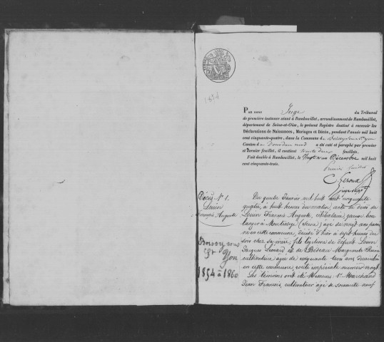 BOISSY-SOUS-SAINT-YON. Naissances, mariages, décès : registre d'état civil (1854-1860). 