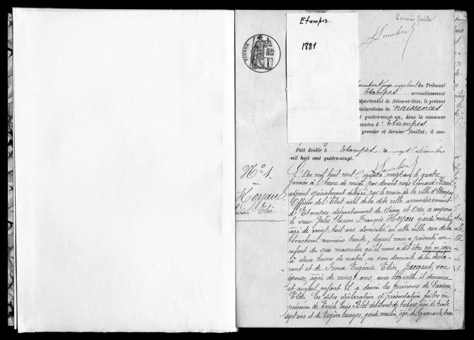 ETAMPES. Naissances : registre d'état civil (1881). 