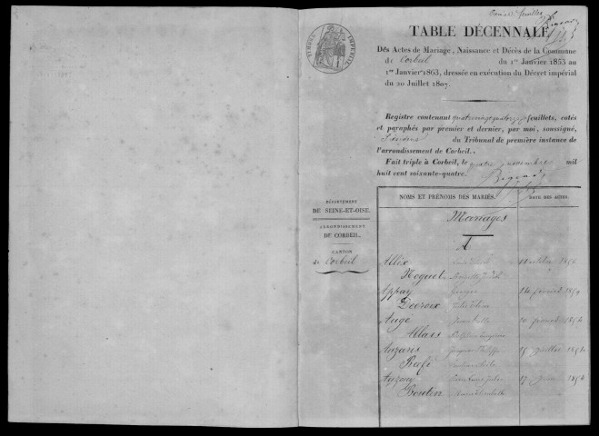 CORBEIL. Tables décennales (1853-1862). 