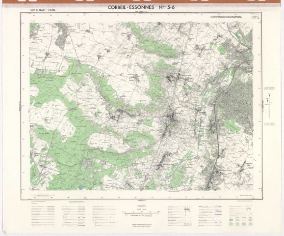 CORBEIL-ESSONNES. - Carte de France, levés stéréotopographiques aériens, complétés sur le terrain en 1964, mise à jour partielle en 1966, dessiné et publié par l'Institut géographique national, feuilles 1-2, 3-4, 5-6, 7-8, 1964-1966. Ech. 1/20 000. Papier. Coul. Dim. 68 x 83 cm. [4 plans]. 