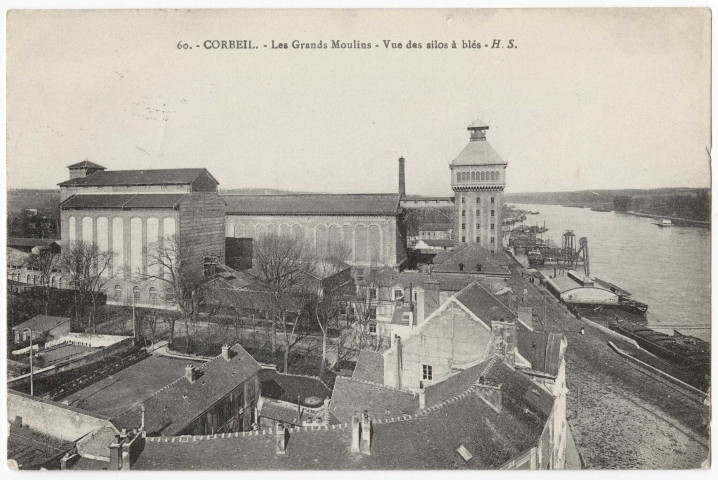 CORBEIL-ESSONNES. - Les grands moulins. Vue des silos à blé, HS, 1915, 15 lignes, ad. 