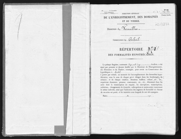 Conservation des hypothèques de CORBEIL. - Répertoire des formalités hypothécaires, volume n° 470 : A-Z (registre ouvert vers 1920). 