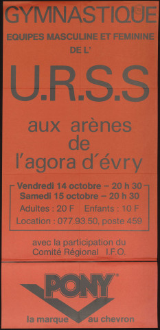 EVRY.- Gymnastique : equipes masculines et féminines de l'U.R.S.S., Arènes de l'Agora, 14 octobre-15 octobre 1977. 