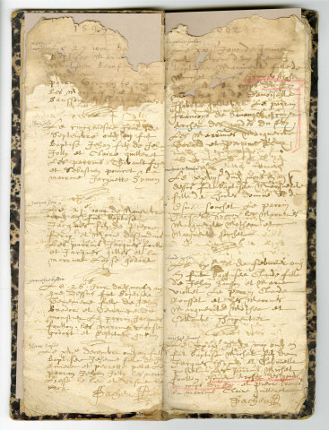 EPINAY-SOUS-SENART. Registres paroissiaux : baptêmes, mariages, sépultures (Archives communales GG13) (1599-1659) et GG14 (1672-1674).