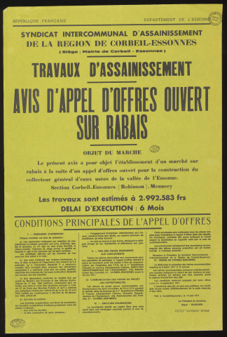 CORBEIL-ESSONNES, MENNECY. - Avis d'appel d'offres ouvert sur rabais pour la construction du collecteur général d'eaux usées de la vallée de l'Essonne, section Corbeil-Essonnes, Mennecy, 14 juin 1971. 