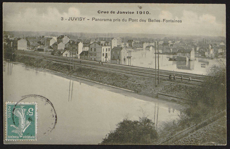 JUVISY-SUR-ORGE.- Crue de janvier 1910. Panorama pris du pont des Belles Fontaines, 1910.