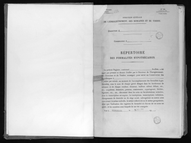 Conservation des hypothèques de CORBEIL. - Répertoire des formalités hypothécaires, volume n° 633 : A-Z (registre ouvert en 1944). 