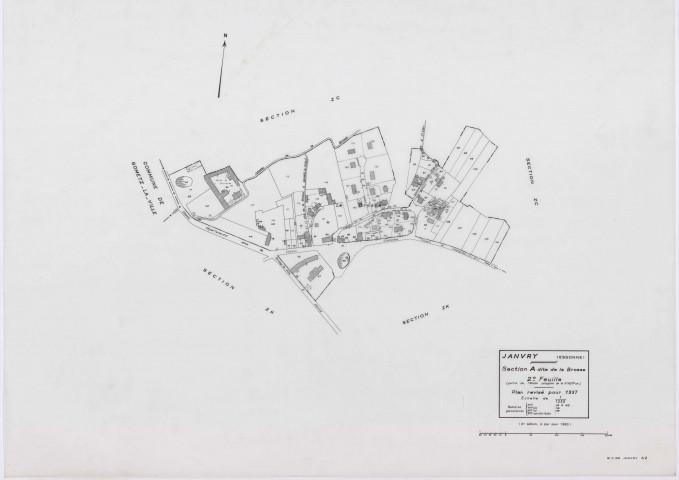 JANVRY, plans minutes de conservation : tableau d'assemblage,1937, Ech. 1/10000 ; plans des sections A2, B1, D1, 1937, Ech. 1/1250, sections B2, D2, 1937, Ech. 1/2500, sections ZC, ZD, ZE, ZH, ZI, ZK, 1980, Ech. 1/2000. Polyester. N et B. Dim. 105 x 80 cm [12 plans]. 