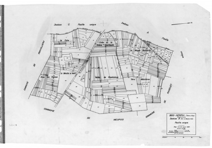 BOIS-HERPIN. - Cadastre révisé pour 1933 : plan du tableau d'assemblage, plans de la section A les Longs Réages, section B le Moulin à Vent, section C le Village, [4 plans]. 