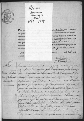 MAISSE.- Naissances, mariages, décès : registre d'état civil (1891-1898). 