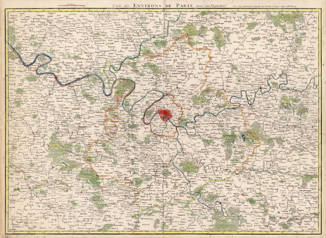 Carte des environs de PARIS avec son département, DELAMARCHE, géographe, 1780. Ech. 6 cm = 3 lieues. Coul. Dim. 0,57 x 0,76. 