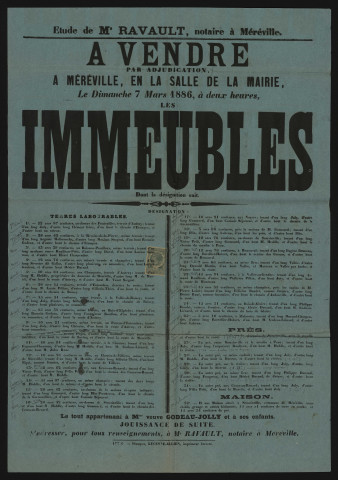 MEREVILLE. - Vente par adjudication d'une maison avec bâtiments, prés et terres labourables appartenant à Mme Veuve GODEAU-JOLLY, 7 mars 1886. 