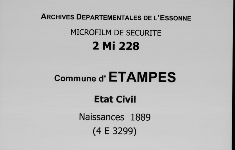 ETAMPES. Naissances : registre d'état civil (1889). 