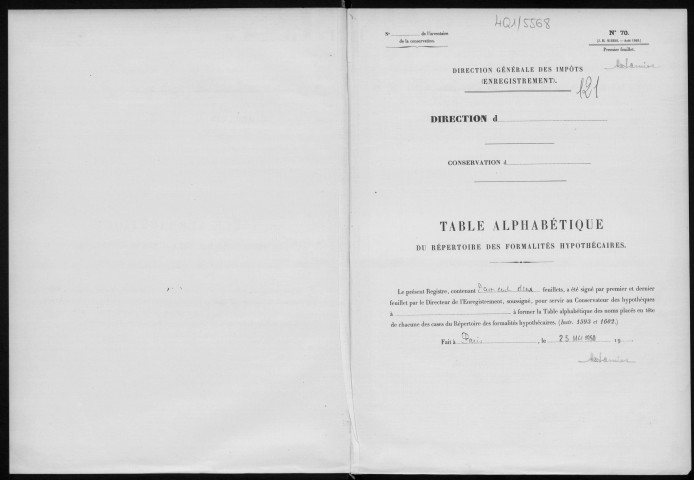 Conservation des hypothèques de CORBEIL. - Table alphabétique du répertoire des formalités hypothécaires, volume n° 121 : A-Z (registre ouvert en 1950). 