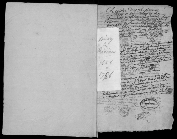 BOISSY-LA-RIVIERE. Paroisse Saint-Hilaire : Baptêmes, mariages, sépultures : registre paroissial (1668-1768). Lacunes : B.M.S. (1670-1720). 
