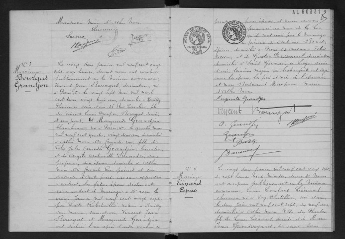 ATHIS-MONS.- Mariages : registre d'état civil (1927). 