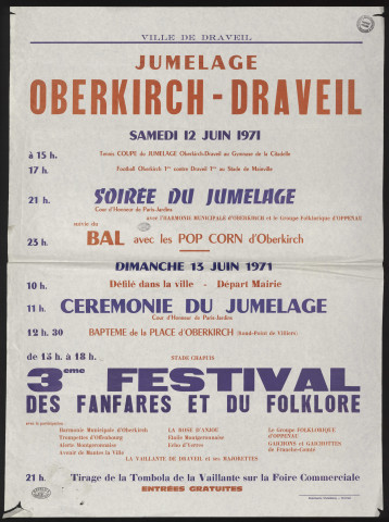 DRAVEIL. - Jumelage Oberkirch - Draveil : programme des festivités, 12 juin-13 juin 1971. 