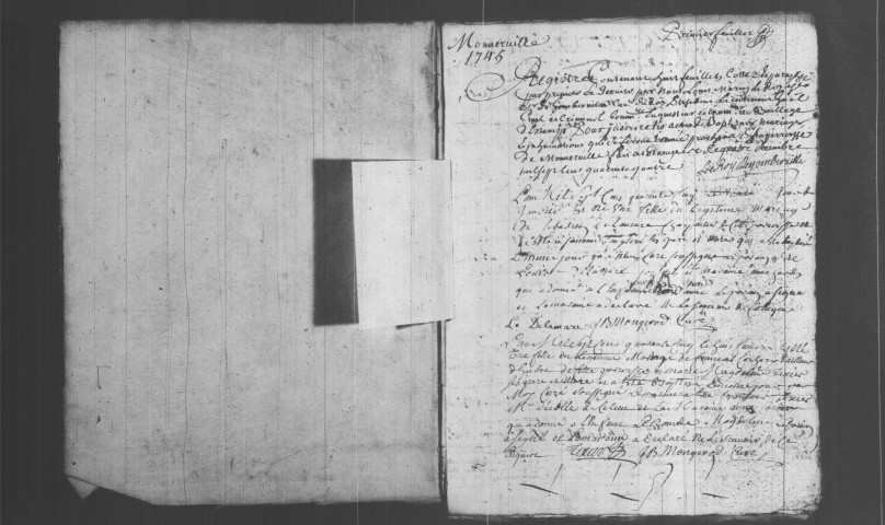 MONNERVILLE. Paroisse Saint-Aignan : Baptêmes, mariages, sépultures : registre paroissial (1745-1770). [Relié en désordre (1749). Nota bene : 1778 après 1779]. 