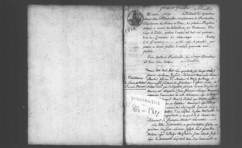 MARCOUSSIS. Naissances, mariages, décès : registre d'état civil (1814-1817). 