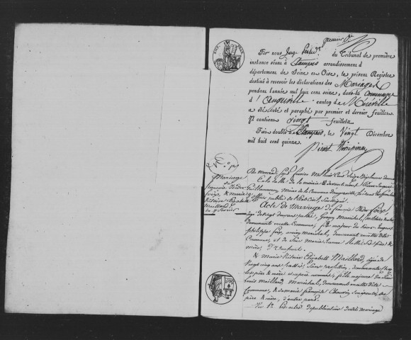 ANGERVILLE. Mariages : registre d'état civil (1816-1830). 