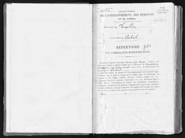 Conservation des hypothèques de CORBEIL. - Répertoire des formalités hypothécaires, volume n° 431 : A-Z (registre ouvert vers 1920). 