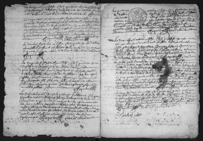 MONDEVILLE. - Registres paroissiaux. - Registre des baptêmes, mariages et sépultures (28/05/1714 - 1765). 