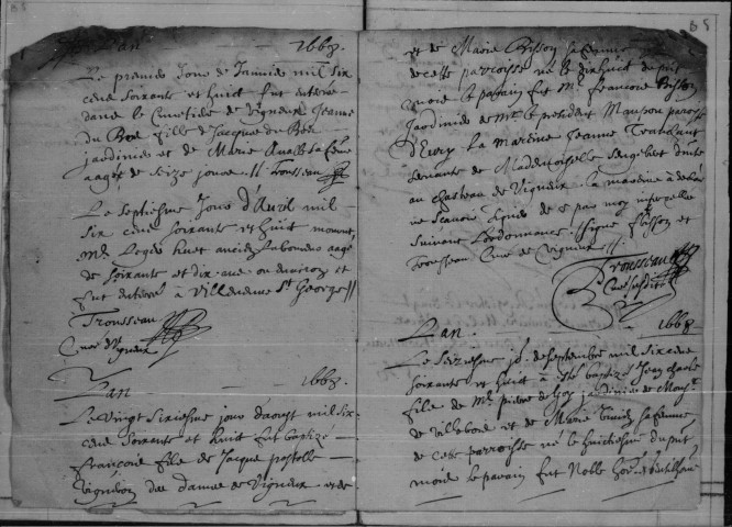 VIGNEUX-SUR-SEINE. Paroisse Saint-Pierre : Baptêmes, mariages, sépultures : registre paroissial (1668-1715). [Lacunes : B.M.S. (1679-1704)]; baptêmes, mariages, sépultures : registre paroissial (1737-1747). [Lacunes : B.M.S. (1747)]. 