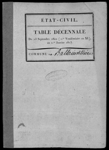BALLAINVILLIERS. Tables décennales (1802-1902). 