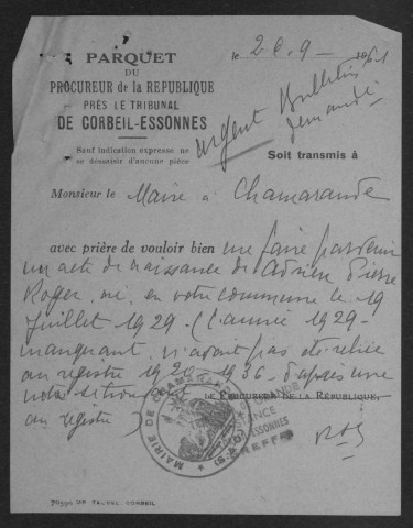 CHAMARANDE.- Naissances, mariages, décès : registre d'état civil (1920-1936). 