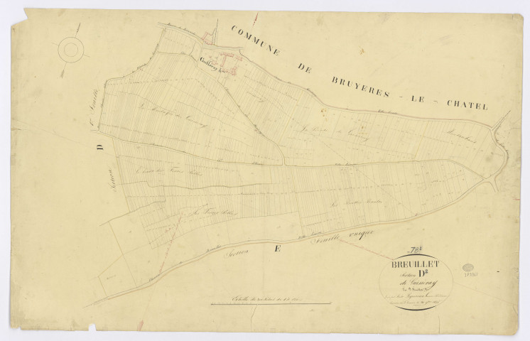 BREUILLET. - Section D - Guisseray, 2ème feuille, ech. 1/1250, coul., aquarelle, papier, 67x102 (1825). 
