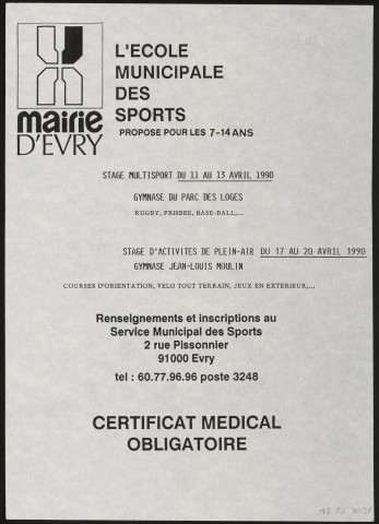 EVRY. - Stages multisports, par l'Ecole municipale des sports d'Evry, avril 1990. 