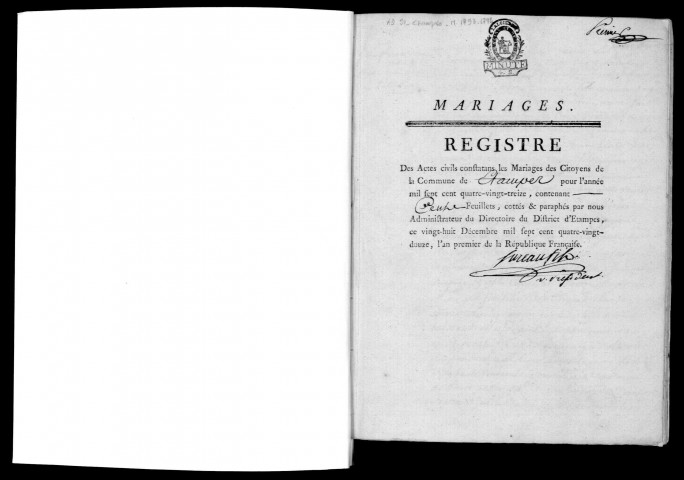 ETAMPES. Mariages : registre d'état civil (1793). 