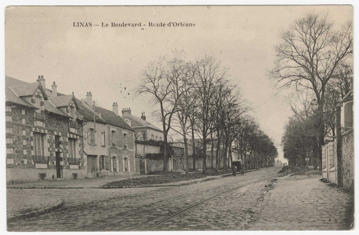 LINAS. - Le boulevard. Route d'Orléans (1907), 5 mots, 5 c, ad. 