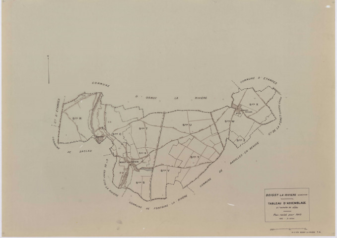BOISSY-LA-RIVIERE, plans minutes de conservation : tableau d'assemblage,1940, Ech. 1/10000 ; plans des sections A, C1, C3, 1940, Ech. 1/2500, section C2, 1940, Ech. 1/1250, sections R, S, T, U, V, W, X, Y, Z, 1955, Ech. 1/2000. Polyester. N et B. Dim. 105 x 80 cm [14 plans]. 