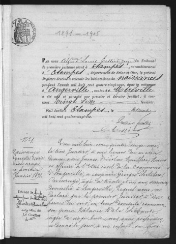 ANGERVILLE.- Naissances : registre d'état civil (1891-1905). 