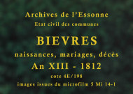 BIEVRES. Naissances, mariages, décès : registre d'état civil (an XIII-1820). 