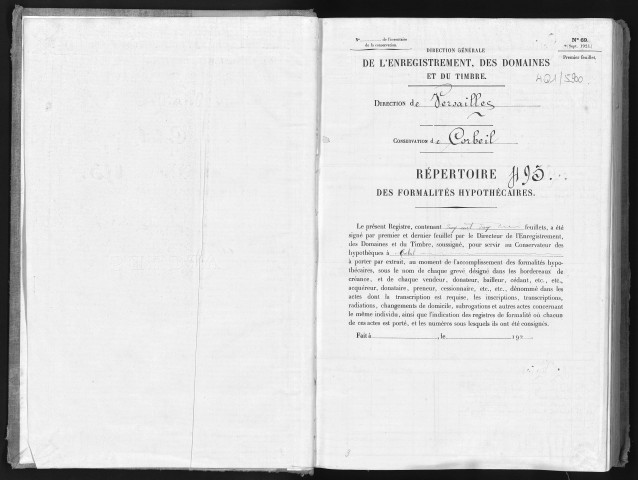 Conservation des hypothèques de CORBEIL. - Répertoire des formalités hypothécaires, volume n° 493 : A-Z (registre ouvert vers 1920). 