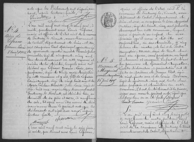 FONTENAY-LE-VICOMTE. - Naissances, mariages, décès : registre d'état civil. 