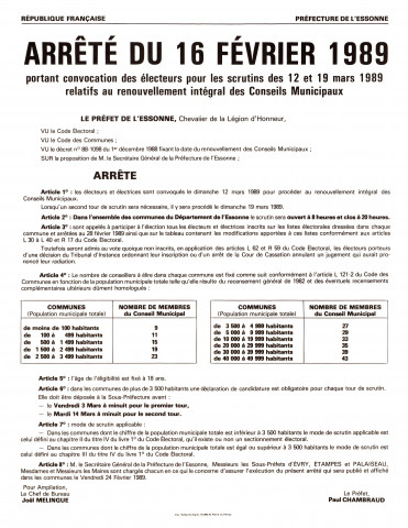 Essonne [préfecture]. - Arrêté du 16 février 1989 portant convocation des électeurs pour les scrutins des 12 et 19 mars 1989 relatifs au renouvellement intégral des conseils municipaux.