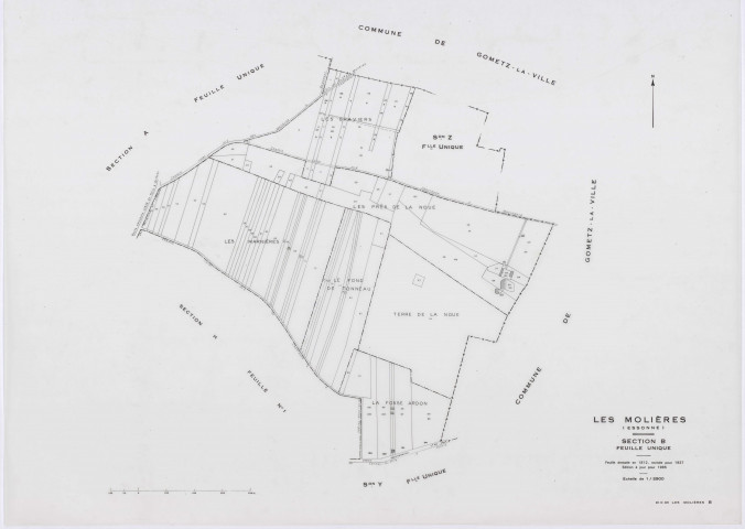 MOLIERES, plans minutes de conservation : tableau d'assemblage,1937, Ech. 1/10000 ; plans des sections A, B, D, E, F, H1, 1937, Ech. 1/2500, sections G, H2, 1937, Ech. 1/1250, sections X, Y, Z, 1959, Ech. 1/2000, sections AA, AB, AC, 2000, Ech. 1/1000. Polyester. N et B. Dim. 105 x 80 cm [15 plans]. 