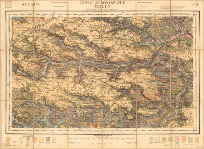 Carte agronomique MELUN (SCEAUX), carte topographique de l'Etat-major et carte géologique des Mines, dressée par Gustave LEFEVRE, ingénieur agronome, 1898-1899. Ech. 1/50 000. Sur toile. Coul. Dim. 0,73 x 0,54. 