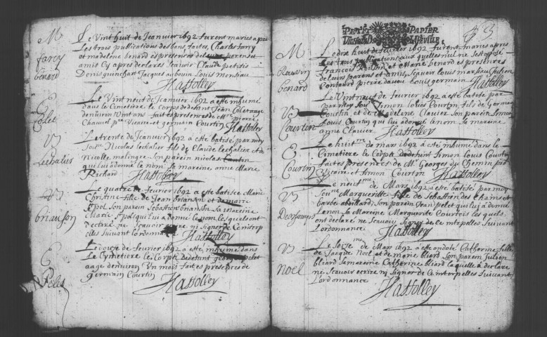 VERRIERES-LE-BUISSON. Paroisse Notre-Dame : Baptêmes, mariages, sépultures : registre paroissial (1692-1713). 