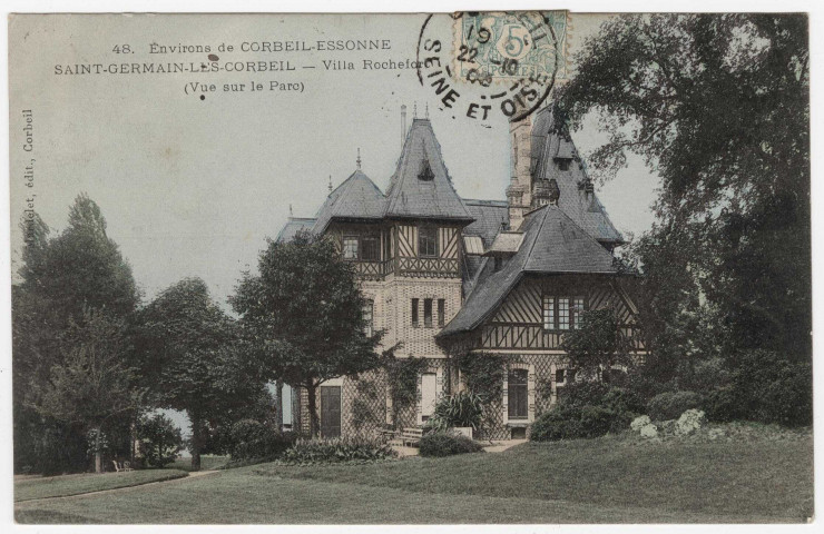 SAINT-GERMAIN-LES-CORBEIL. - Environs de Corbeil-Essonnes. Villa Rochefort (Vue sur le Parc) [Editeur Mardelet, timbre à 5 centimes, coloriée]. 