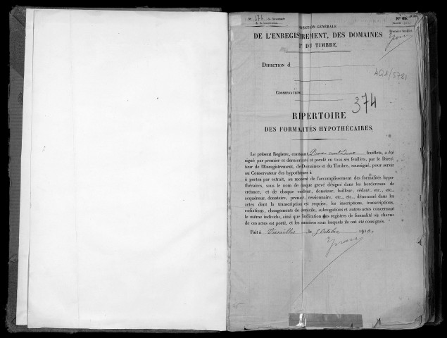 Conservation des hypothèques de CORBEIL. - Répertoire des formalités hypothécaires, volume n° 374 : A-Z (registre ouvert en 1910). 