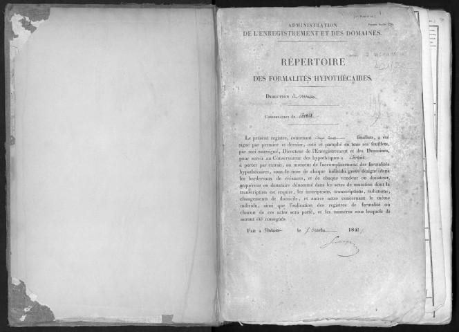Conservation des hypothèques de CORBEIL. - Répertoire des formalités hypothécaires, volume n° 195 : A-Z (registre ouvert en 1842). 