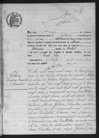 ESSONNES.- Décès : registre d'état civil (1905). 