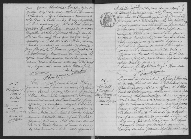 LIMOURS-EN-HUREPOIX. - Naissances, mariages, décès : registre d'état civil. 